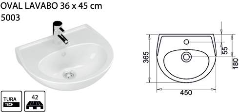 TURAVİT OVAL LAVABO BEYAZ 36 X 45 CM. KOD : 5003